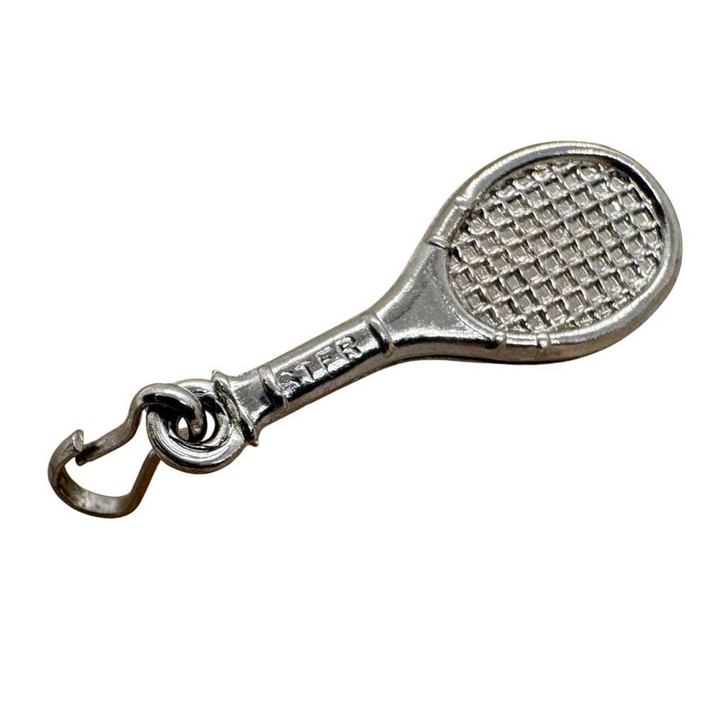 Vintage Tennis Racket Charm Silver‎ Tone Sports Jewelry Stamped STER Magnetic